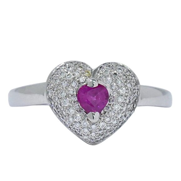 Heart Ruby 0.34ct Diamond 0.31ct Ring K18 White Gold US 5.75 6.6g - Picture 1 of 8